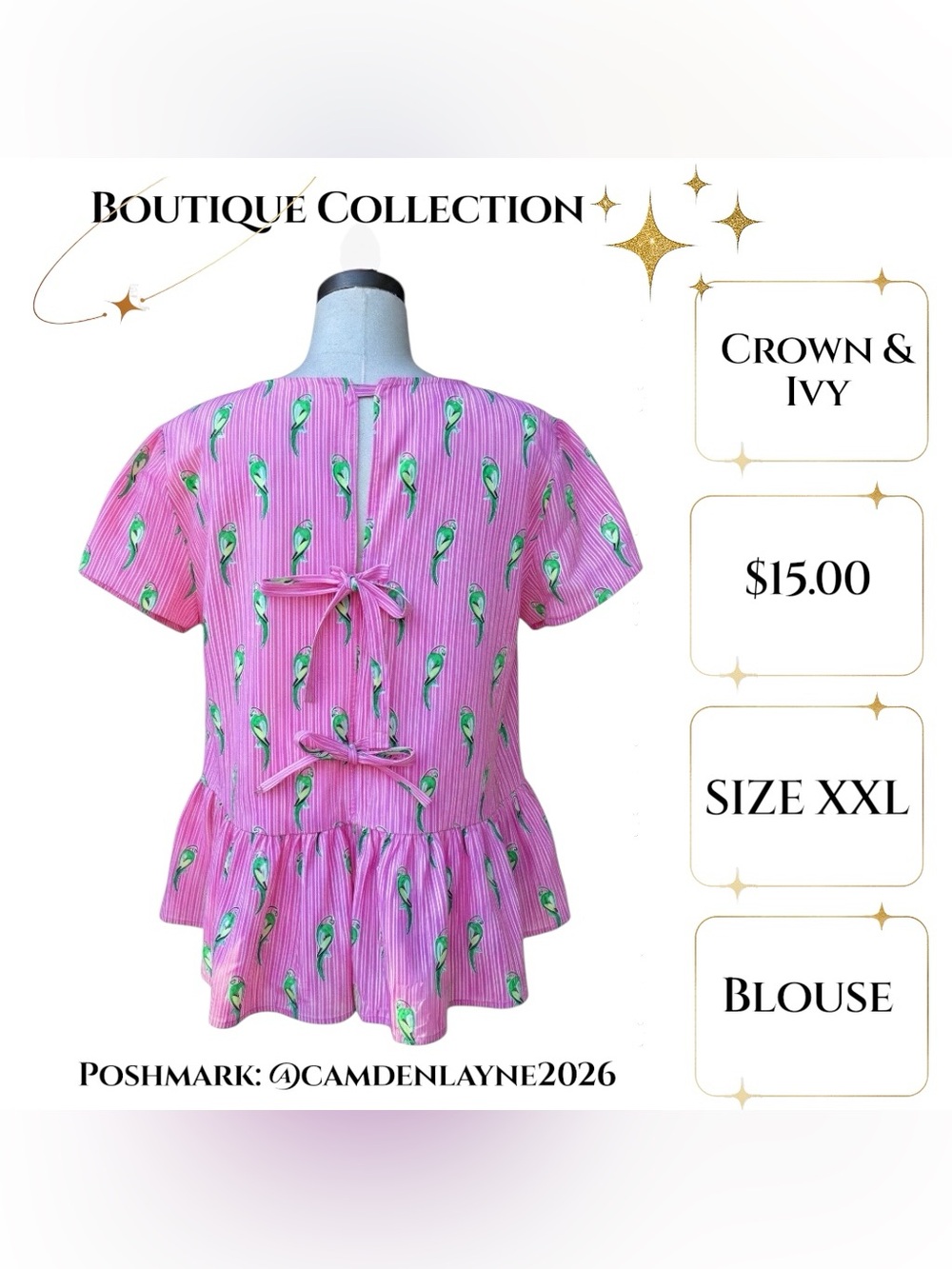 crown & ivy Pink Short Sleeve Peplum Top with Parrot Print. Tie back. - Picture 6 of 8